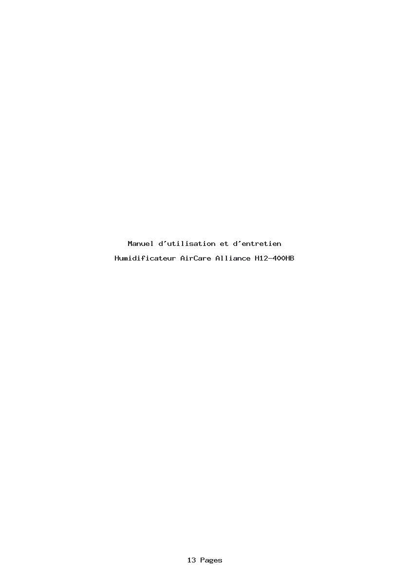 Page 1 de la notice Manuel d'utilisation et d'entretien AirCare Alliance H12-400HB