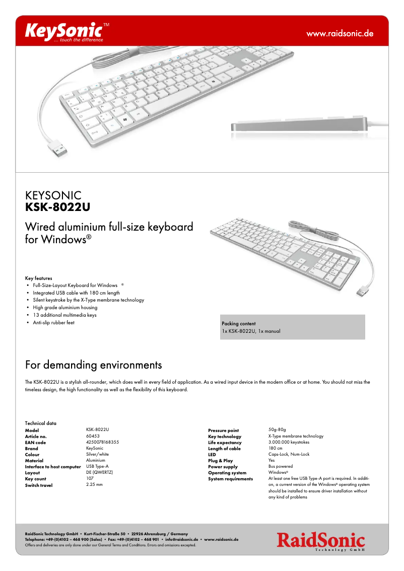 Page 1 of the manual Technical Sheet KeySonic KSK-8022U