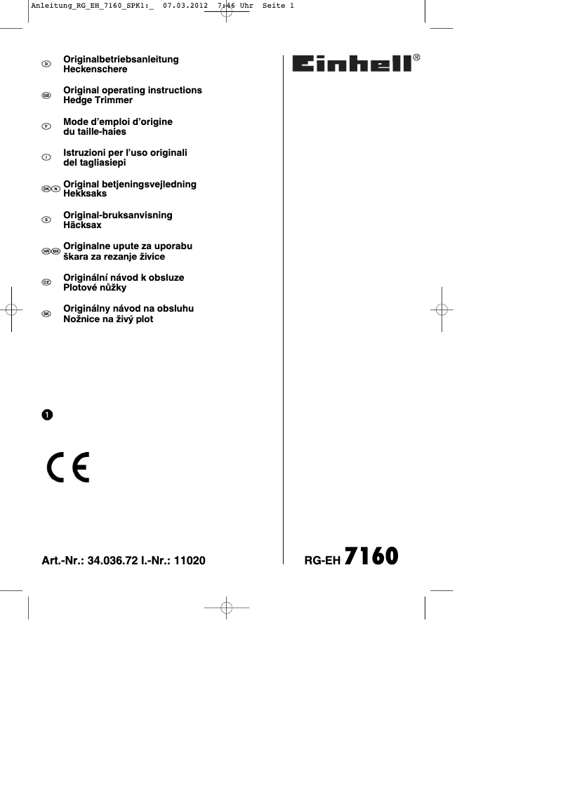 Page 1 de la notice Mode d'emploi Einhell RG-EH 7160