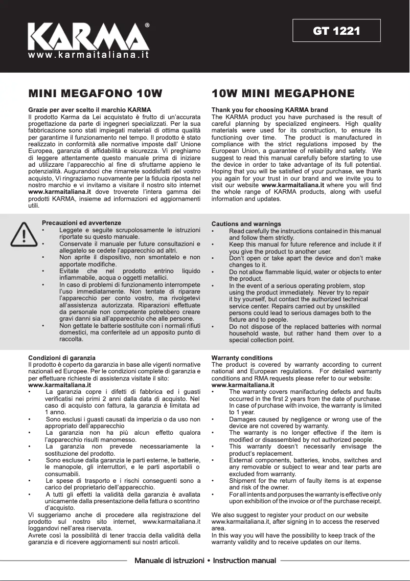 Page 1 de la notice Manuel utilisateur Karma GT 1221