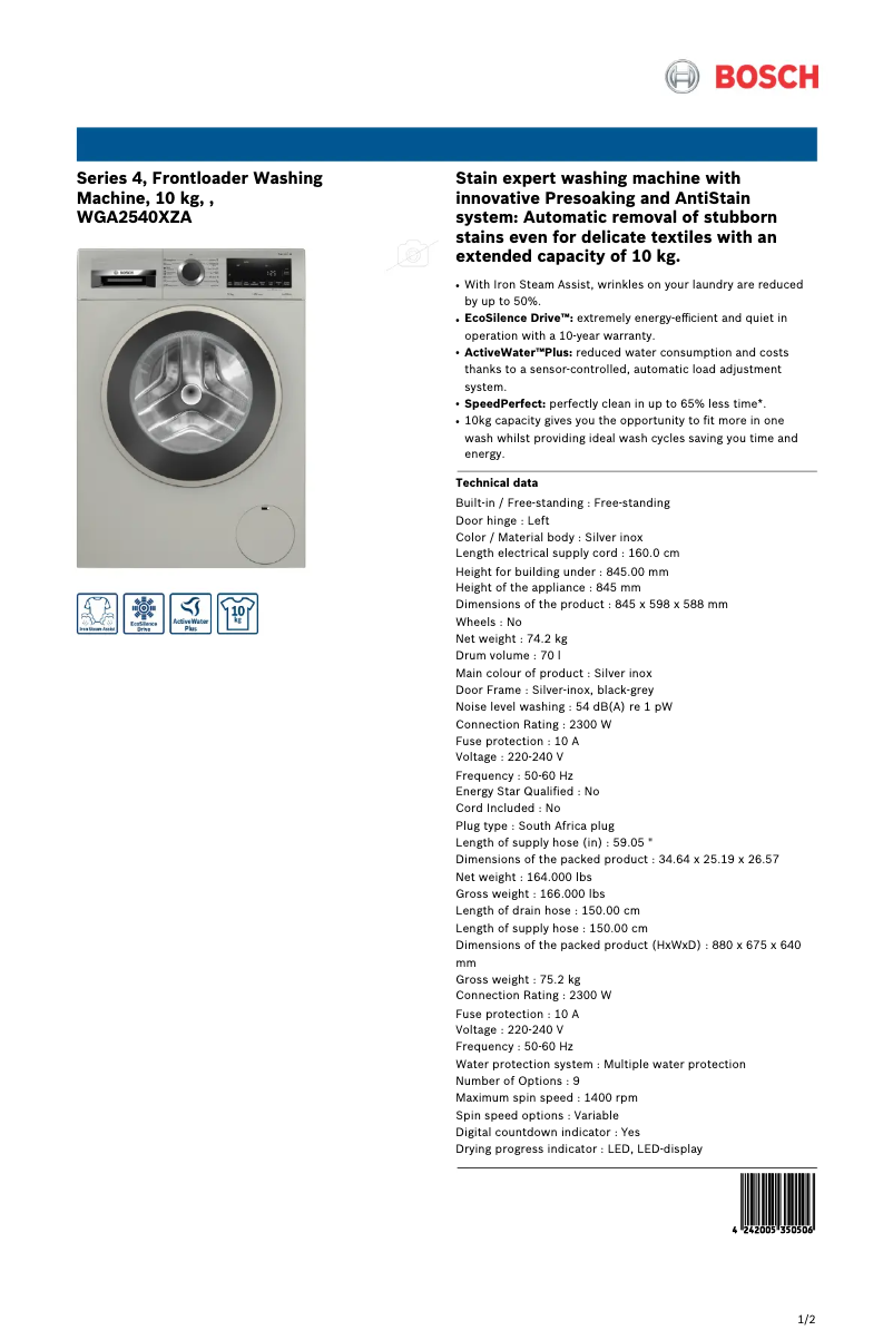 Page 1 de la notice Fiche technique Bosch WGA2540XZA