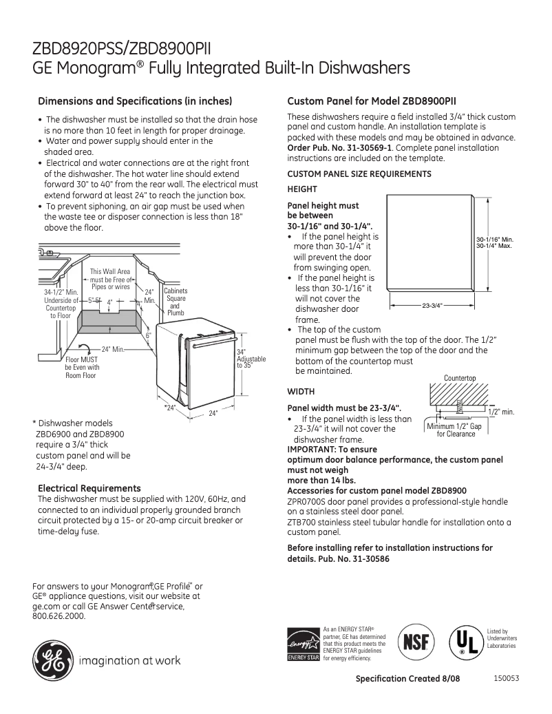 Página 1 del manual Ficha técnica GE ZBD8920PSS