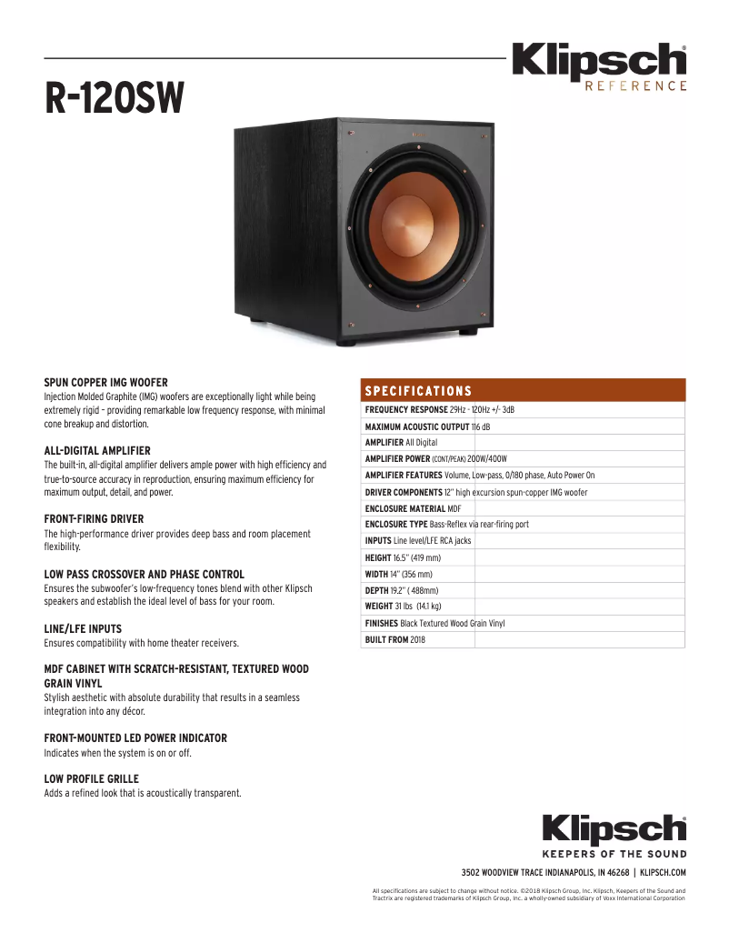 Page 1 de la notice Fiche technique Klipsch R-120SW