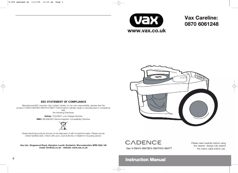 Página 1 del manual Manual de usuario Vax Cadence V-094