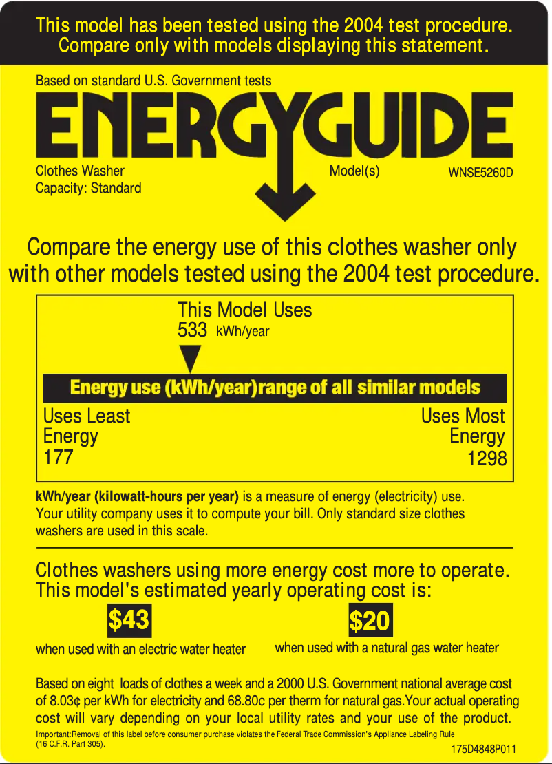 Page n°1 - Label énergétique GE WNSE5260DWW