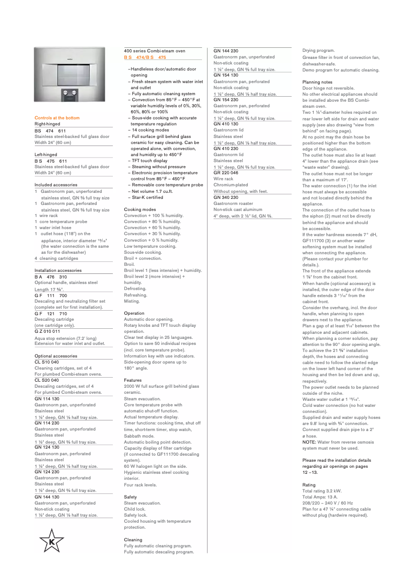 Page 1 de la notice Fiche technique Gaggenau BS474611