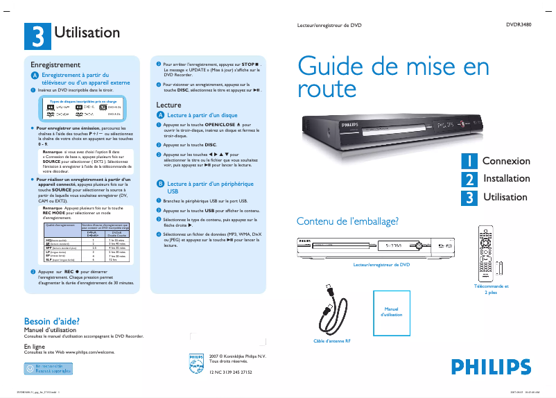 Page 1 of the manual Quick Start Guide Philips DVDR3480