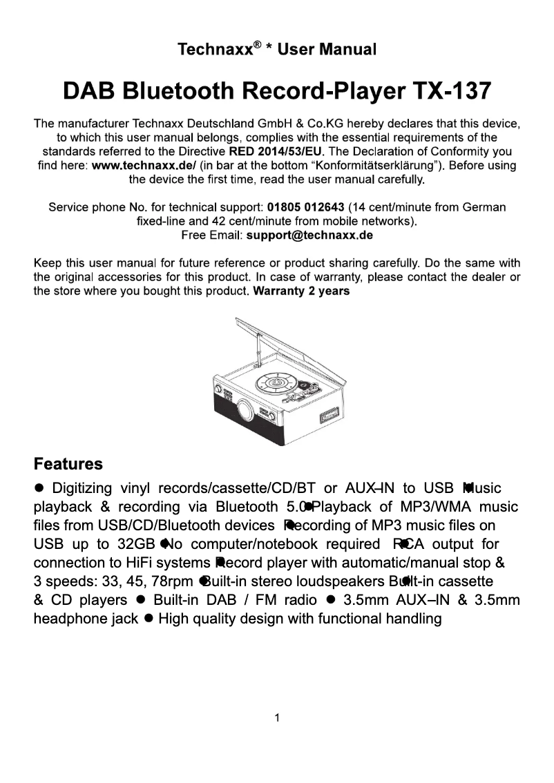 Página 1 del manual Manual de usuario Technaxx TX-137