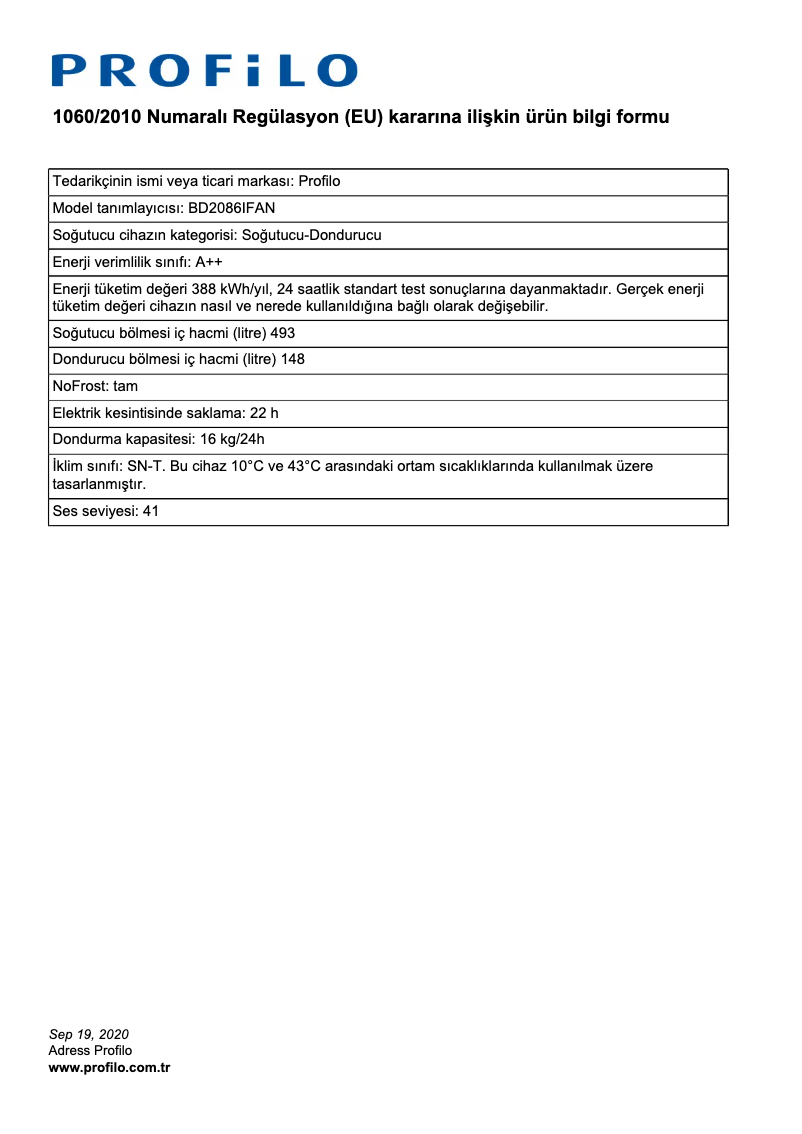 Page 1 de la notice Label énergétique Profilo BD2086IFAN