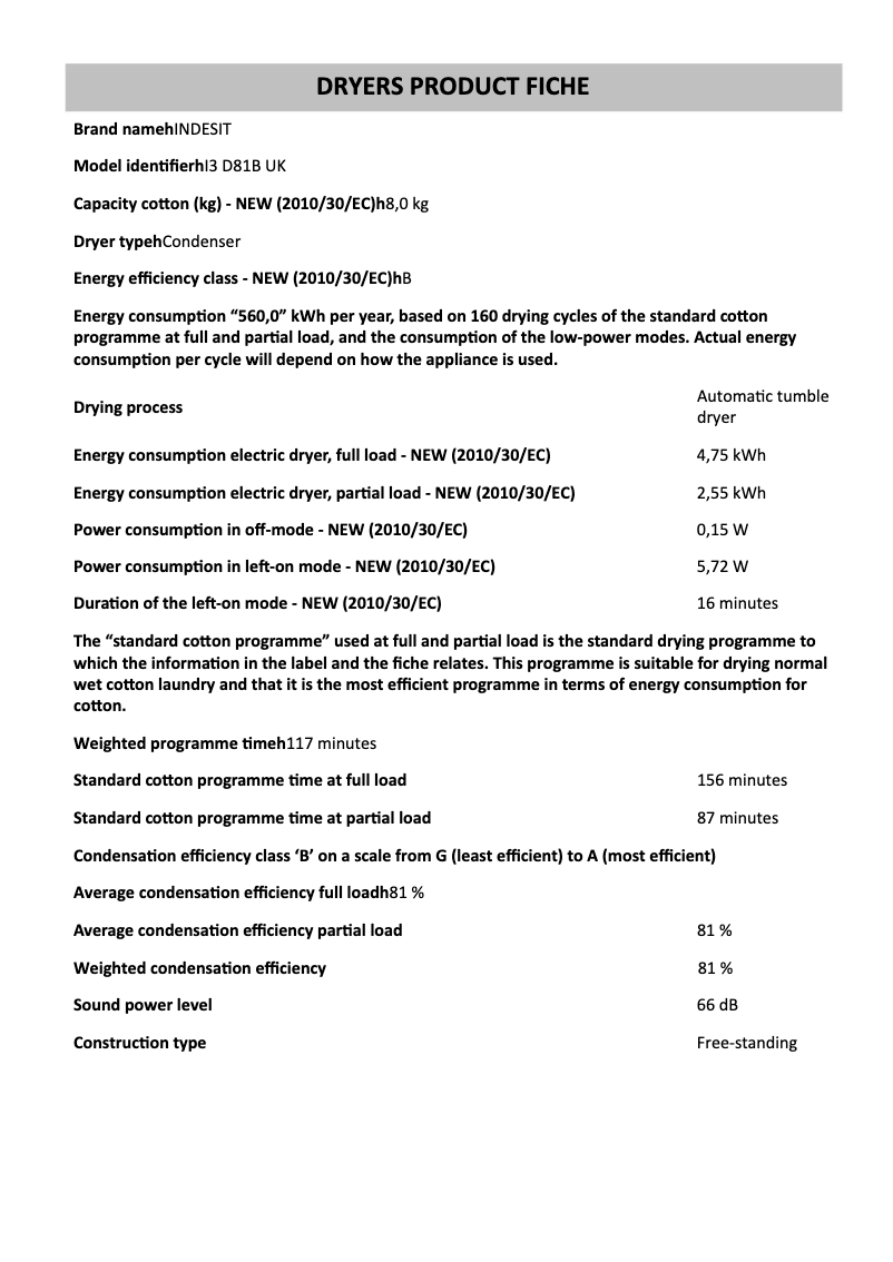 Página 1 del manual Ficha técnica Indesit I3 D81B UK