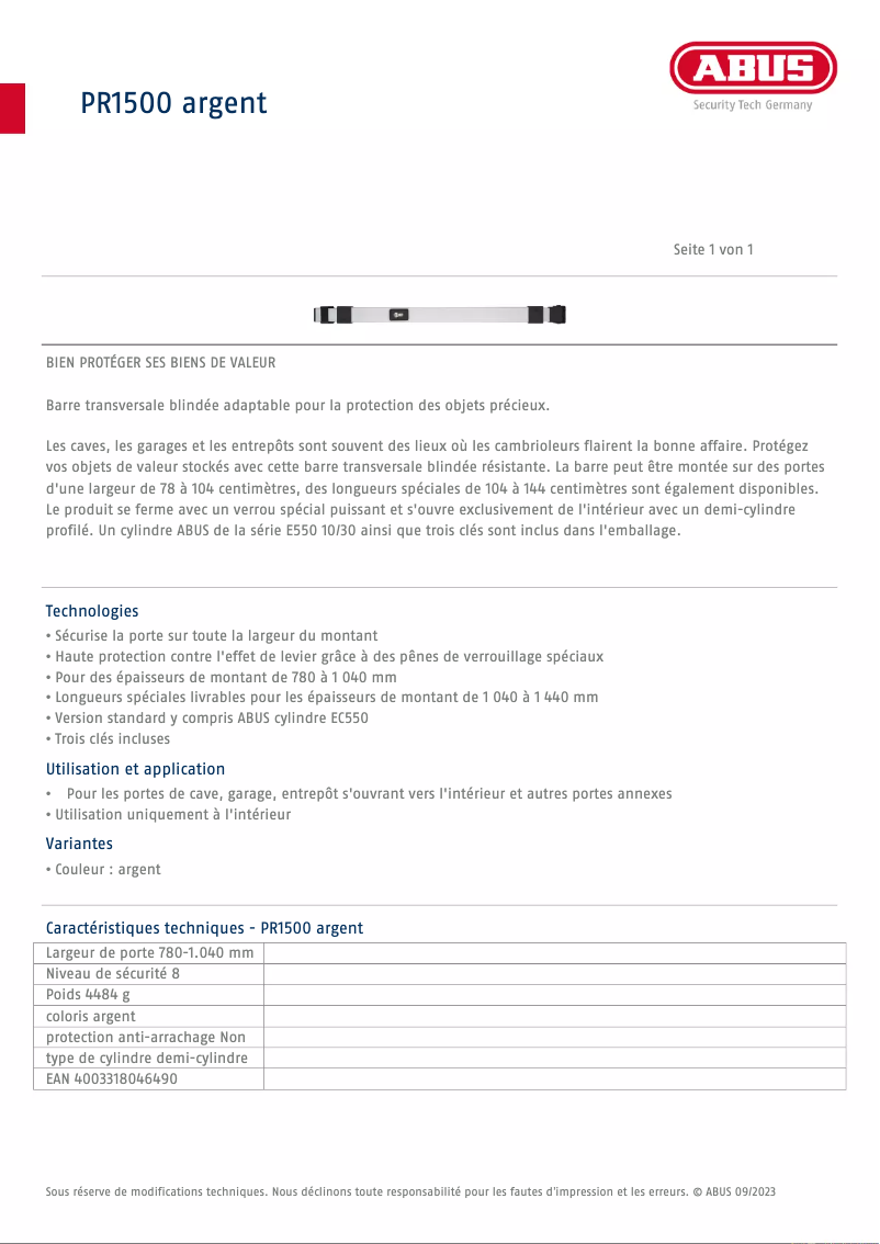 Page 1 de la notice Fiche technique Abus PR1500