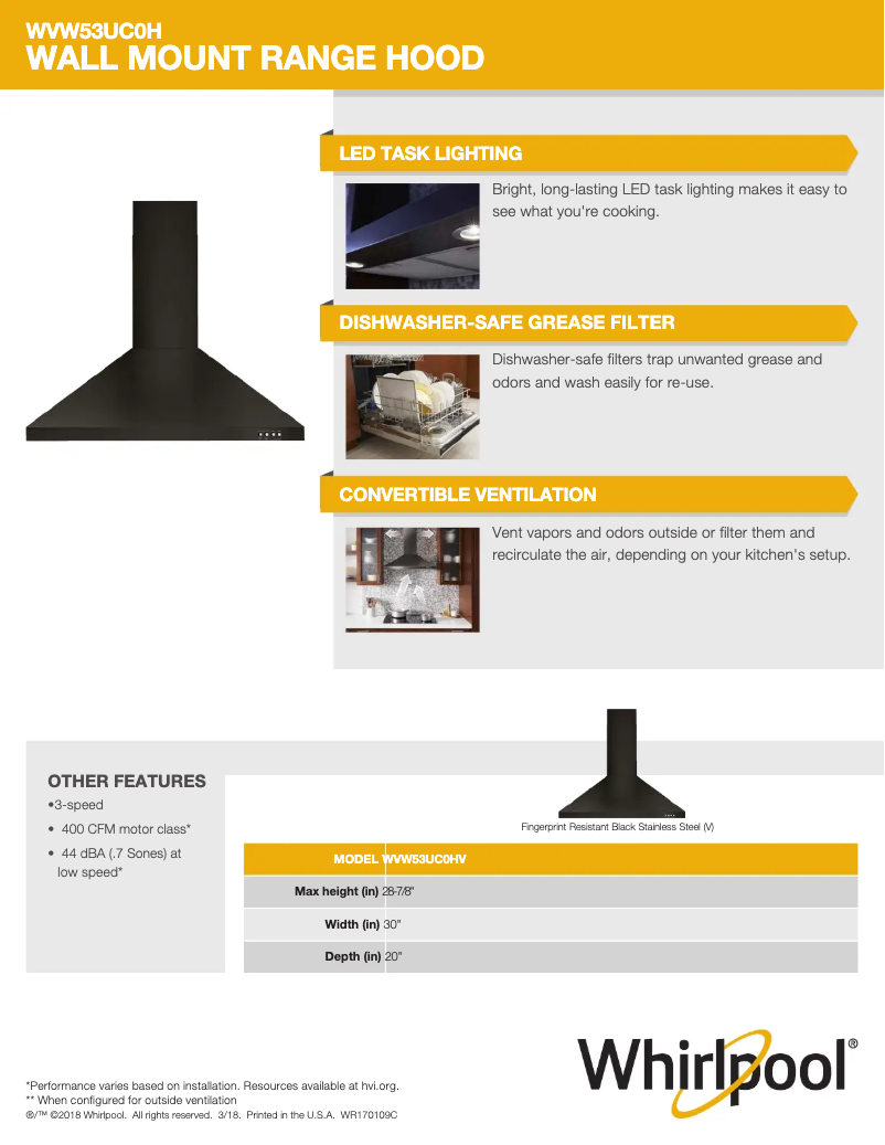 Page 1 de la notice Fiche technique Whirlpool WVW53UC0HV