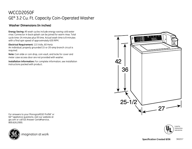 Page n°1 - Fiche technique GE WCCD2050FWC