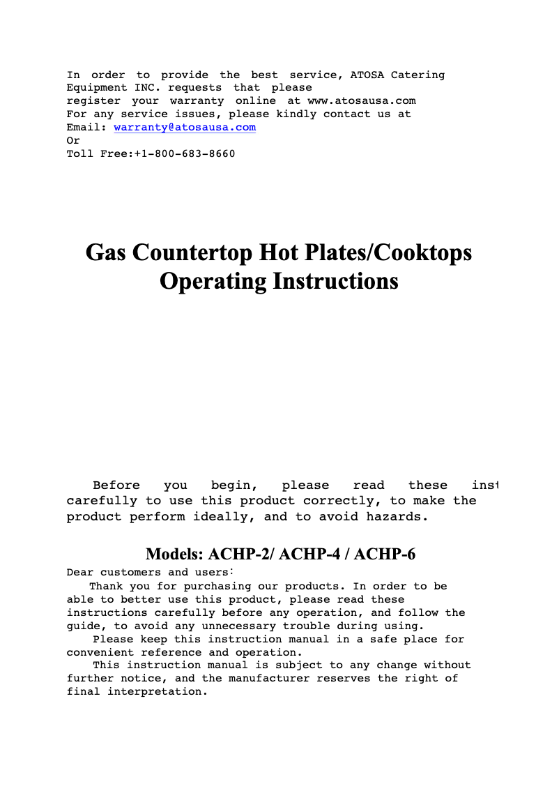 Page 1 of the manual User Manual Atosa ACHP-2