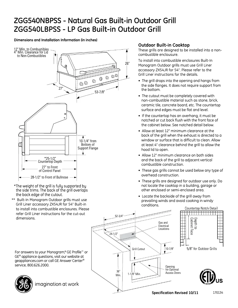 Page 1 de la notice Fiche technique GE ZGG540NBPSS