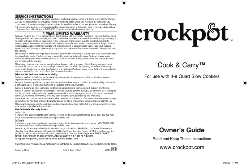 Page 1 de la notice Manuel utilisateur Crock-Pot Cook & Carry CPSCVO60LL-BP
