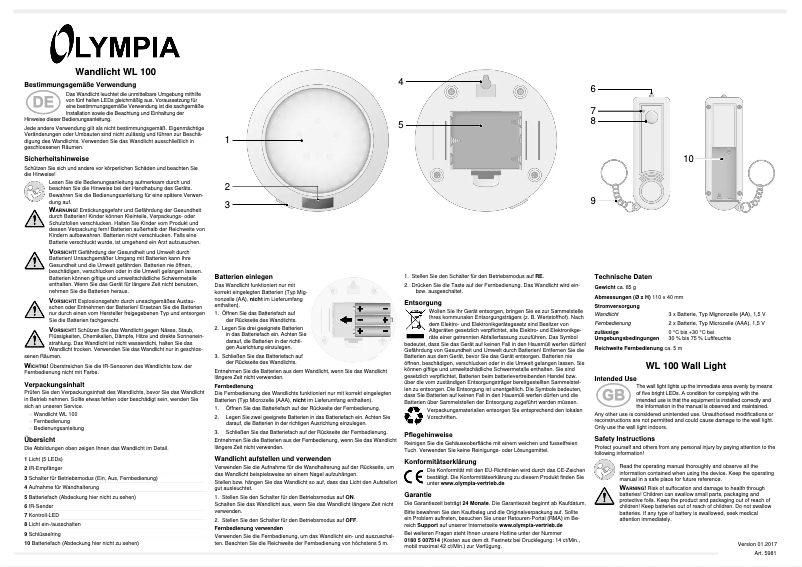 Page 1 de la notice Manuel utilisateur Olympia WL 100