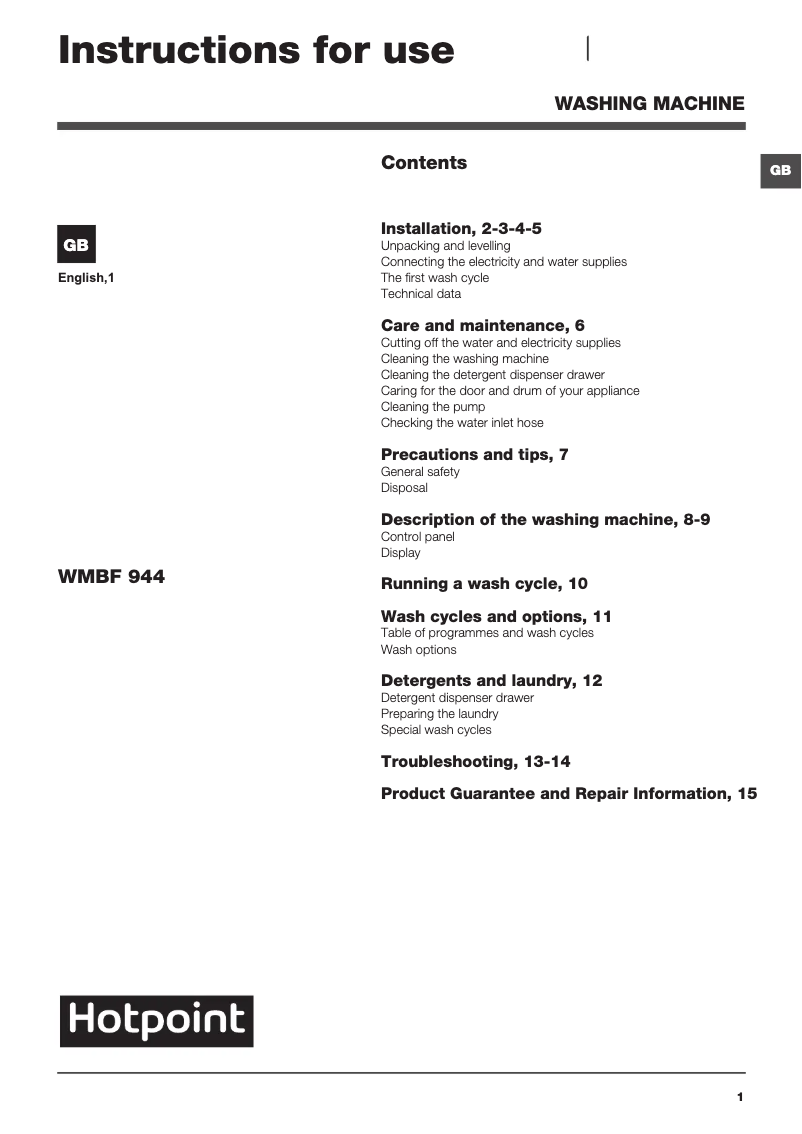 Página 1 del manual Manual de usuario Hotpoint WMBF 944G UK