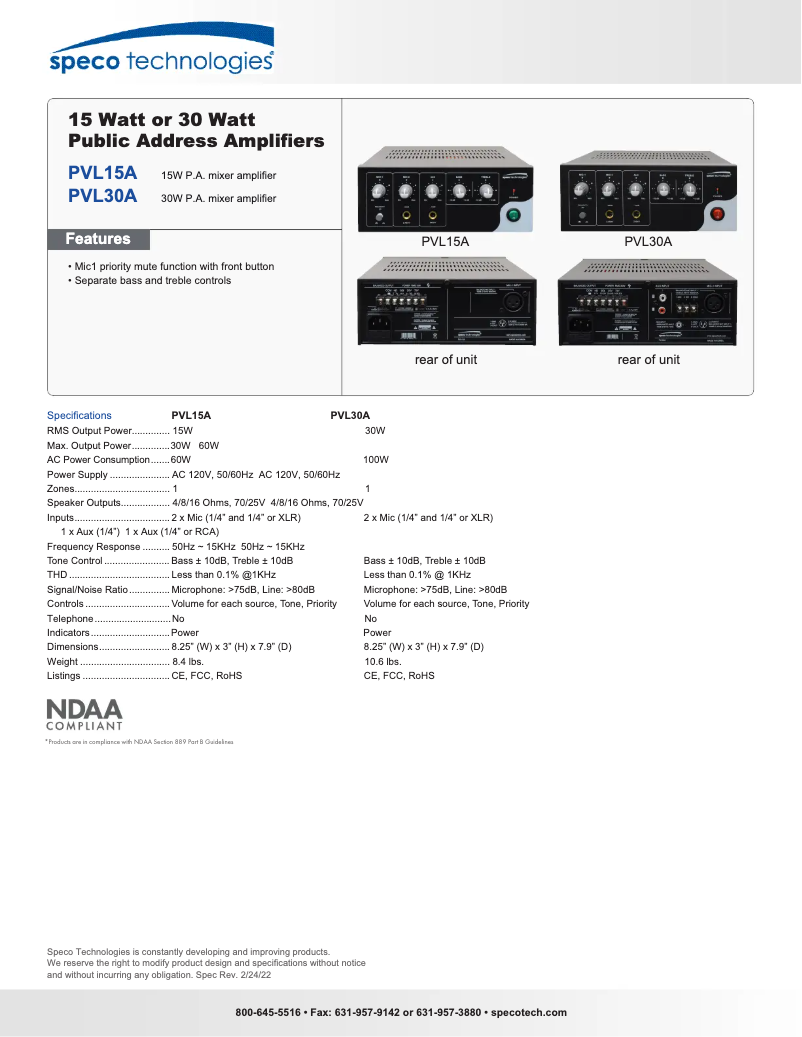 Page 1 de la notice Fiche technique Speco Technologies PVL-30A