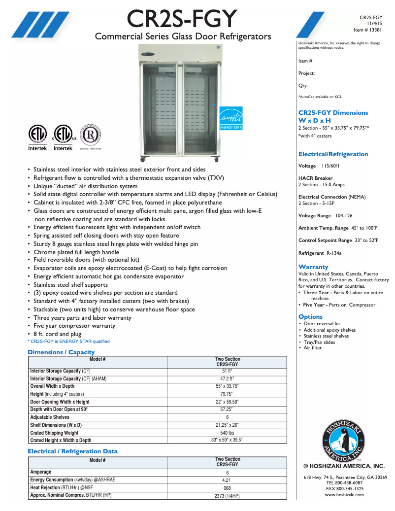 Page 1 of the manual Technical Sheet Hoshizaki Commercial CR2S-FGY