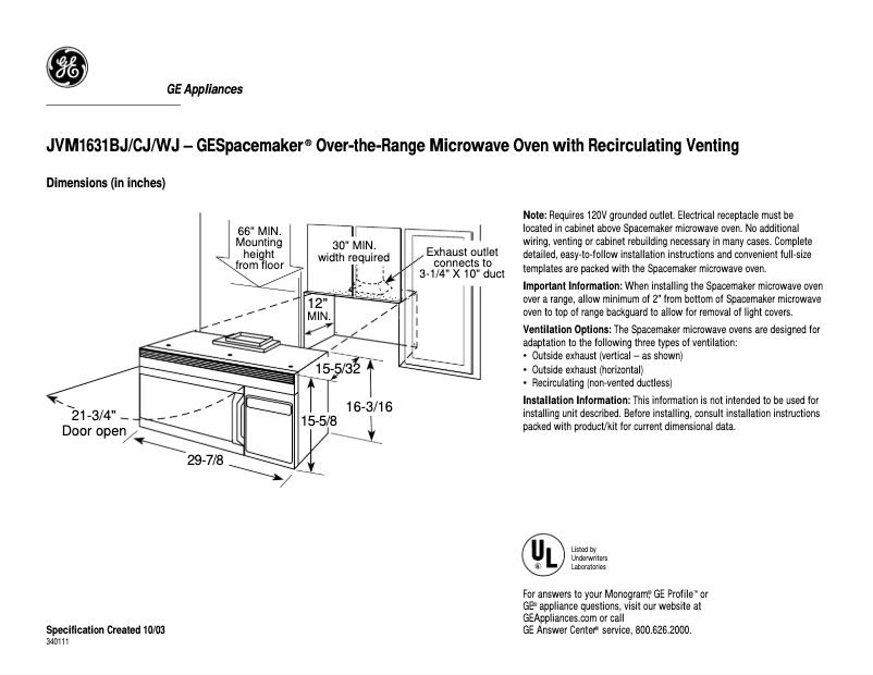 Página 1 del manual Ficha técnica GE JVM1631WJ