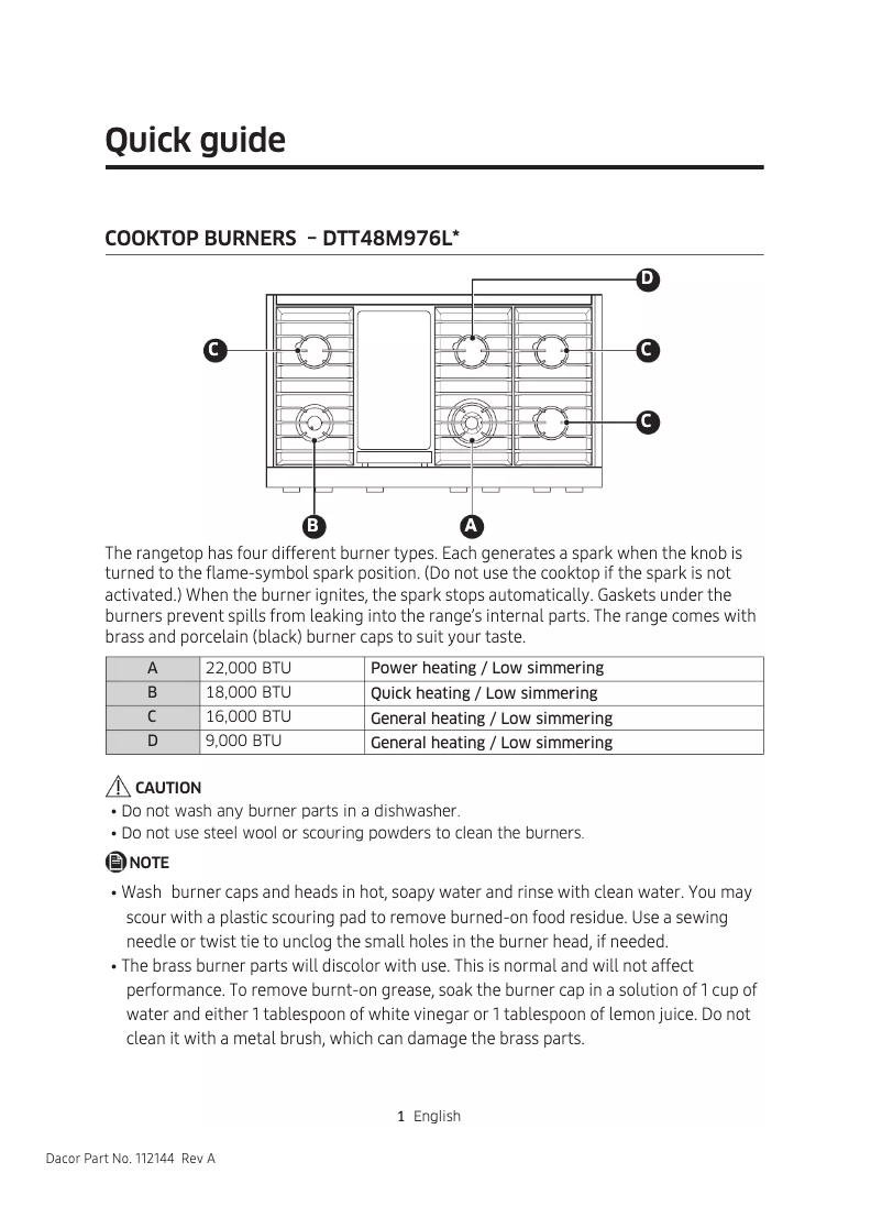 Page 1 de la notice Fiche technique Dacor Modernist DTT48M976PS