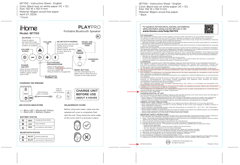 Page 1 de la notice Manuel utilisateur iHome Playpro iBT700