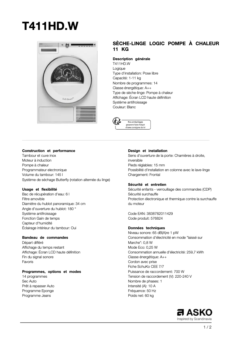 Página 1 del manual Ficha técnica Asko T411HD