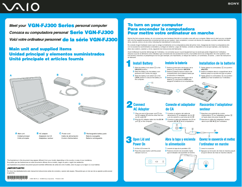 Page 1 de la notice Guide d'installation Sony Vaio VGN-FJ370P
