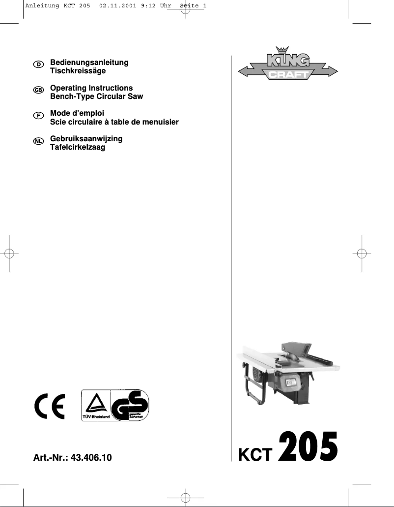 Page 1 de la notice Manuel utilisateur King Craft KCT 205