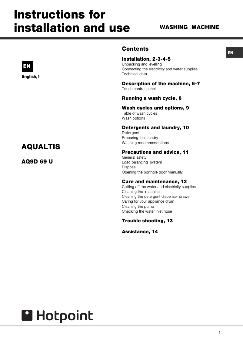 Page 1 de la notice Manuel utilisateur Hotpoint AQ9D 69 S V