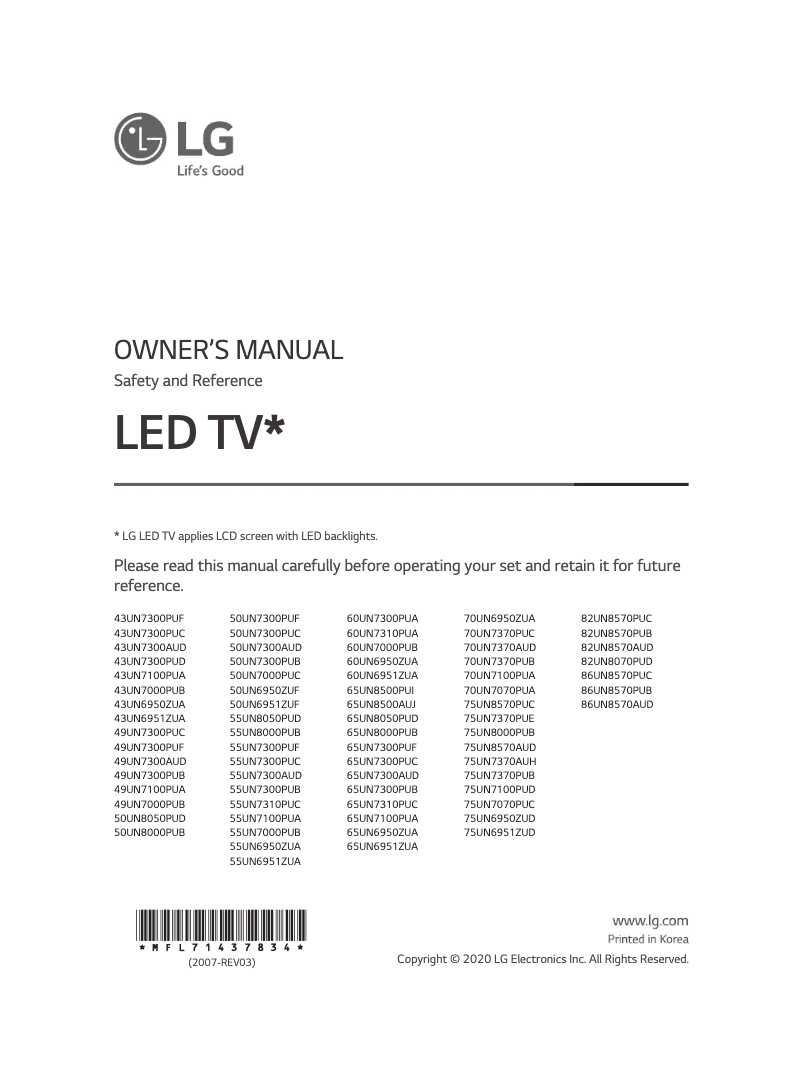 Page 1 de la notice Manuel utilisateur LG 50UN8000PUB