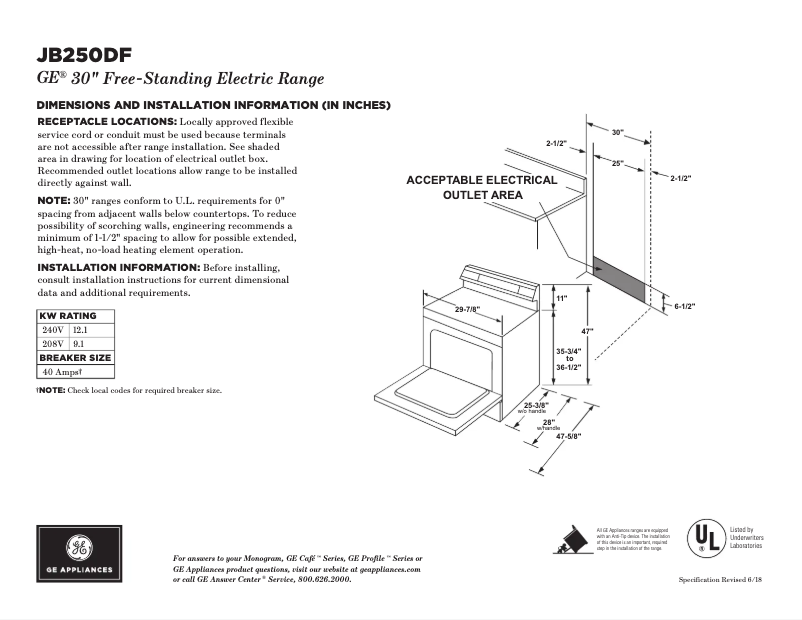 Página 1 del manual Ficha técnica GE JB250DFCC