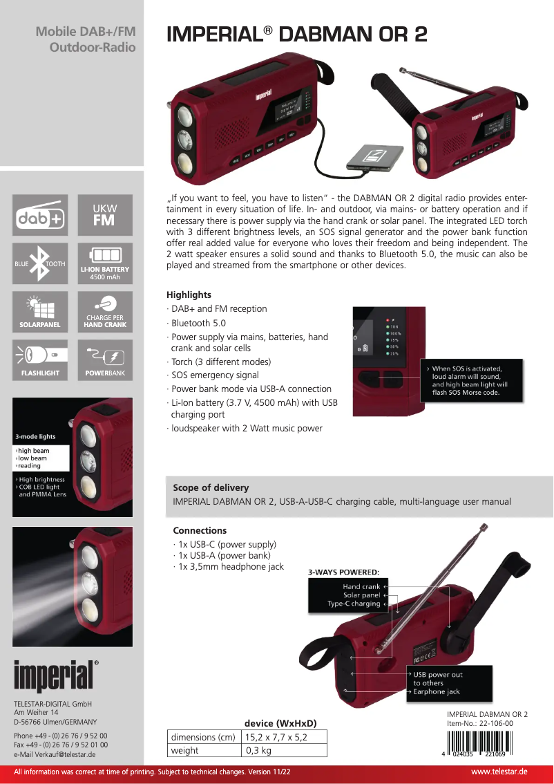 Page 1 de la notice Fiche technique Imperial DABMAN OR 2