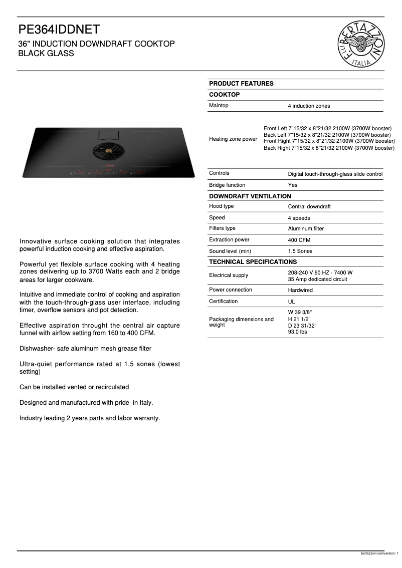 Page 1 de la notice Fiche technique Bertazzoni PE364IDDNET