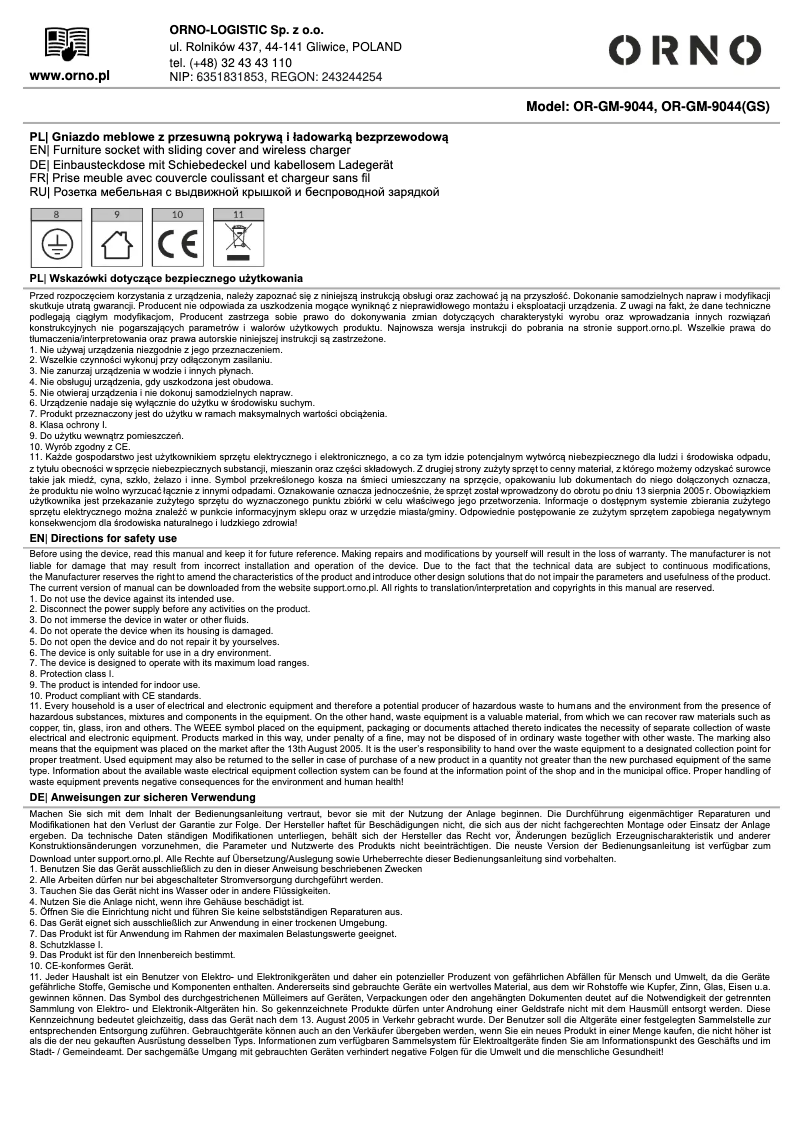 Page 1 de la notice Manuel utilisateur ORNO OR-GM-9044