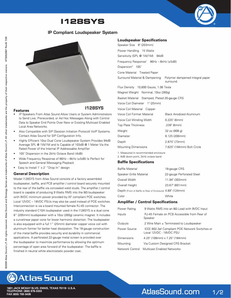 Page 1 de la notice Manuel utilisateur Atlas Sound I128SYS