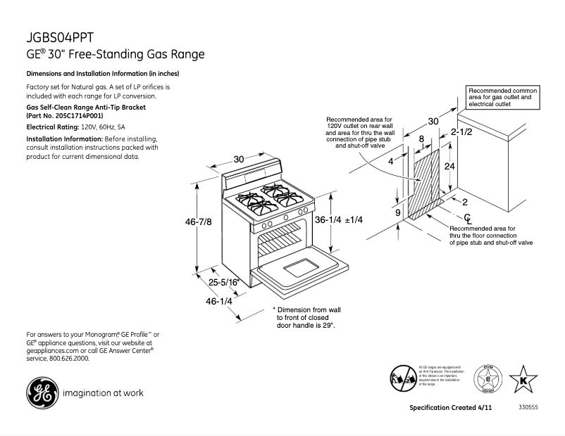 Page 1 of the manual Technical Sheet GE JGBS04PPTWW