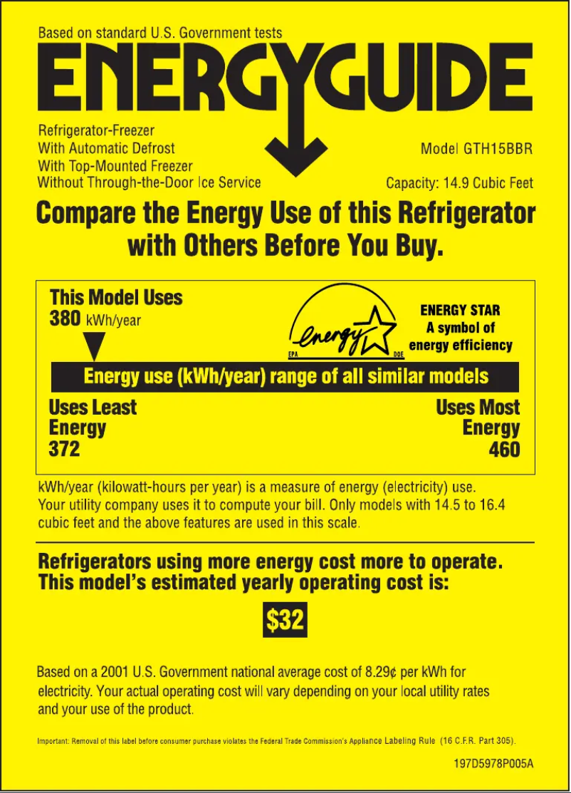 Page 1 de la notice Label énergétique GE GTH15BBRRWW