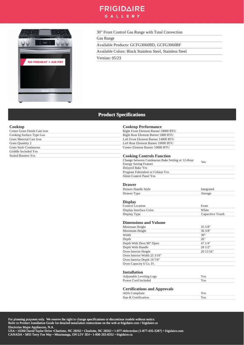 Page 1 de la notice Fiche technique Frigidaire GCFG3060BF
