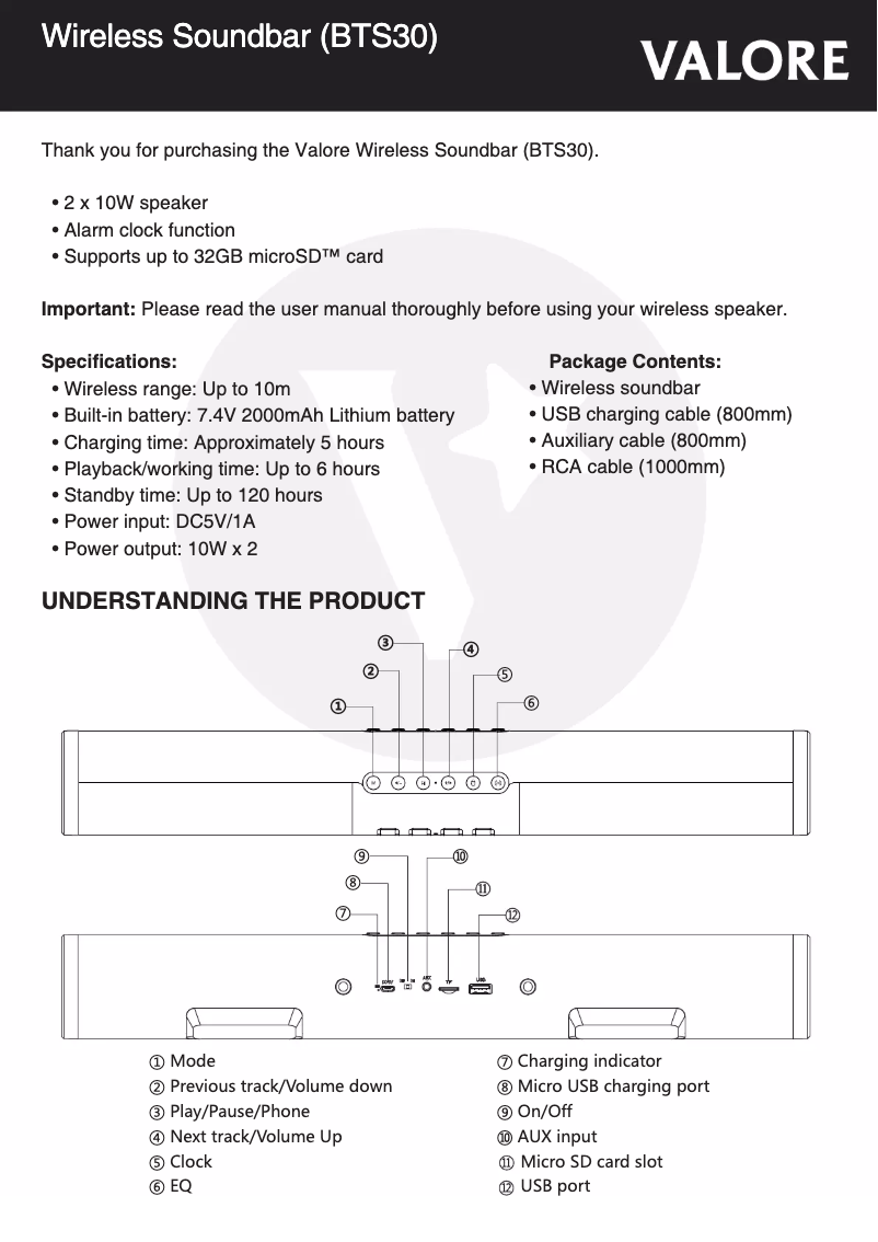 Page 1 de la notice Manuel utilisateur Valore BTS30