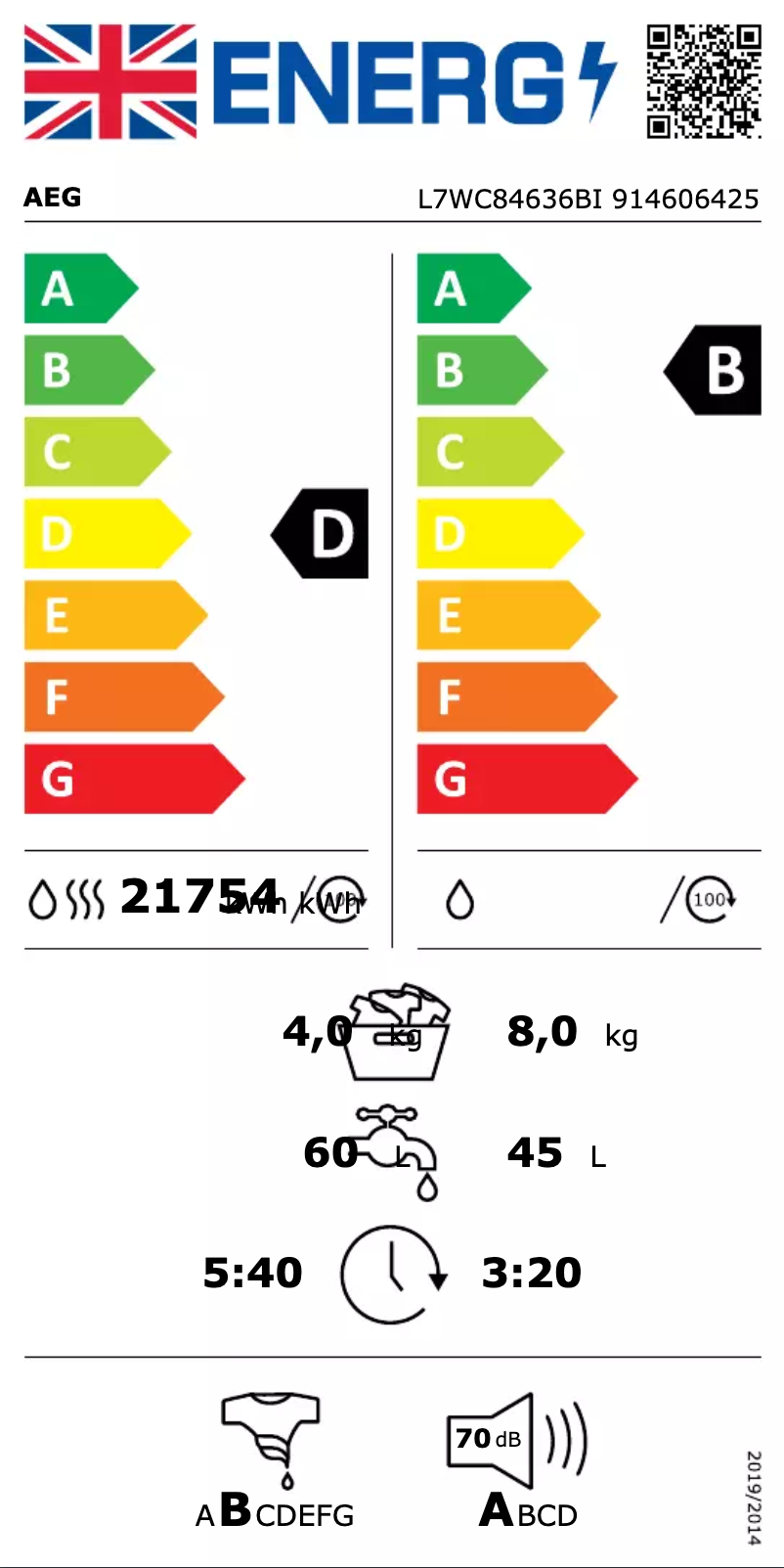 Page 1 de la notice Label énergétique AEG L7WC84636BI