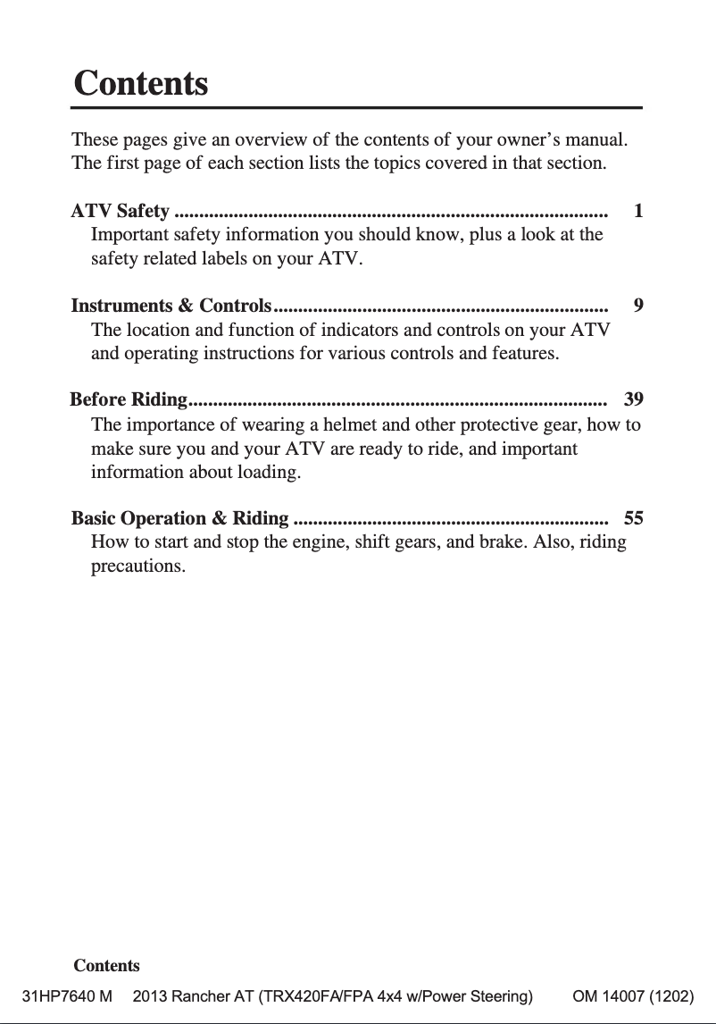 Page 1 de la notice Manuel utilisateur Honda FourTrax Rancher TRX420FM (2013)