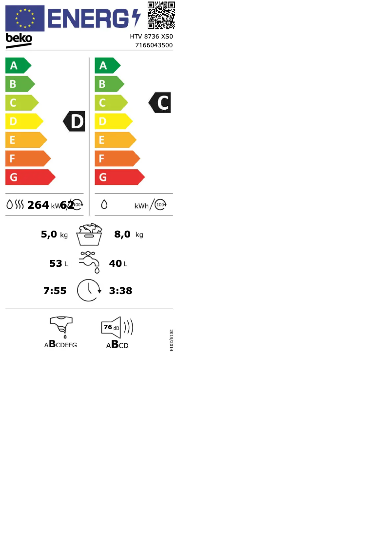 Page 1 de la notice Label énergétique Beko HTV 8736 XS0