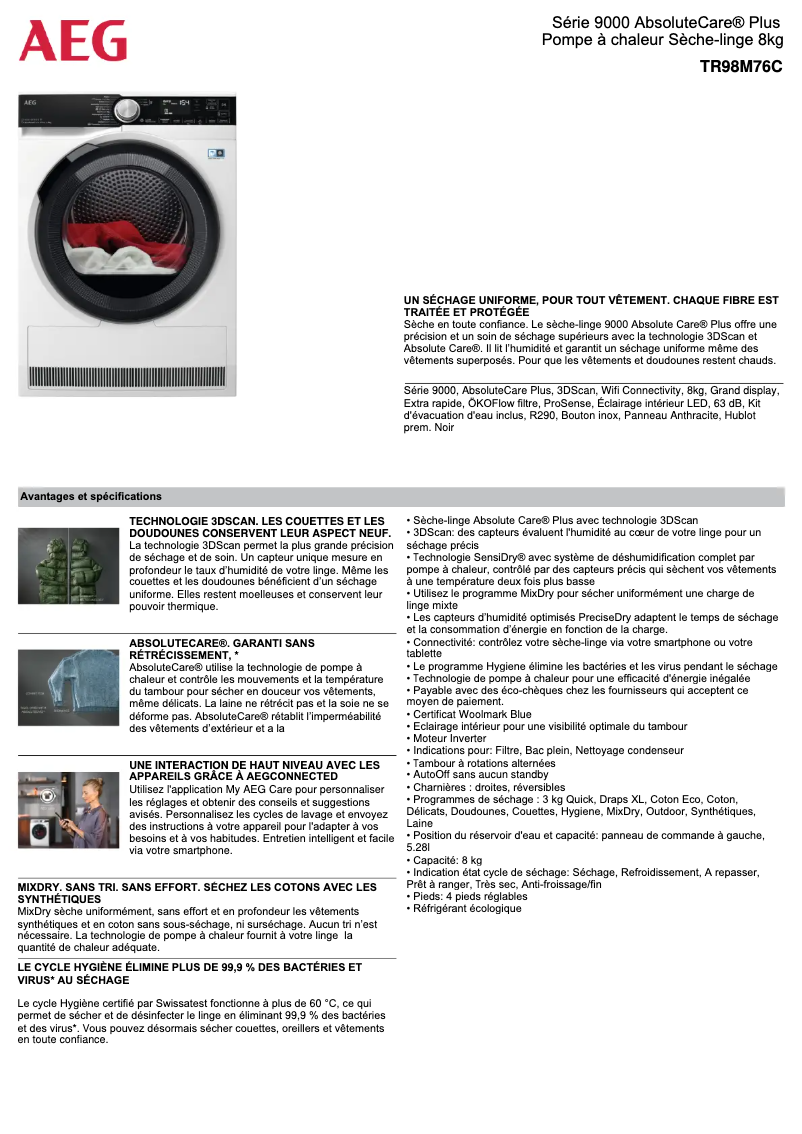 Página 1 del manual Ficha técnica AEG TR98M76C