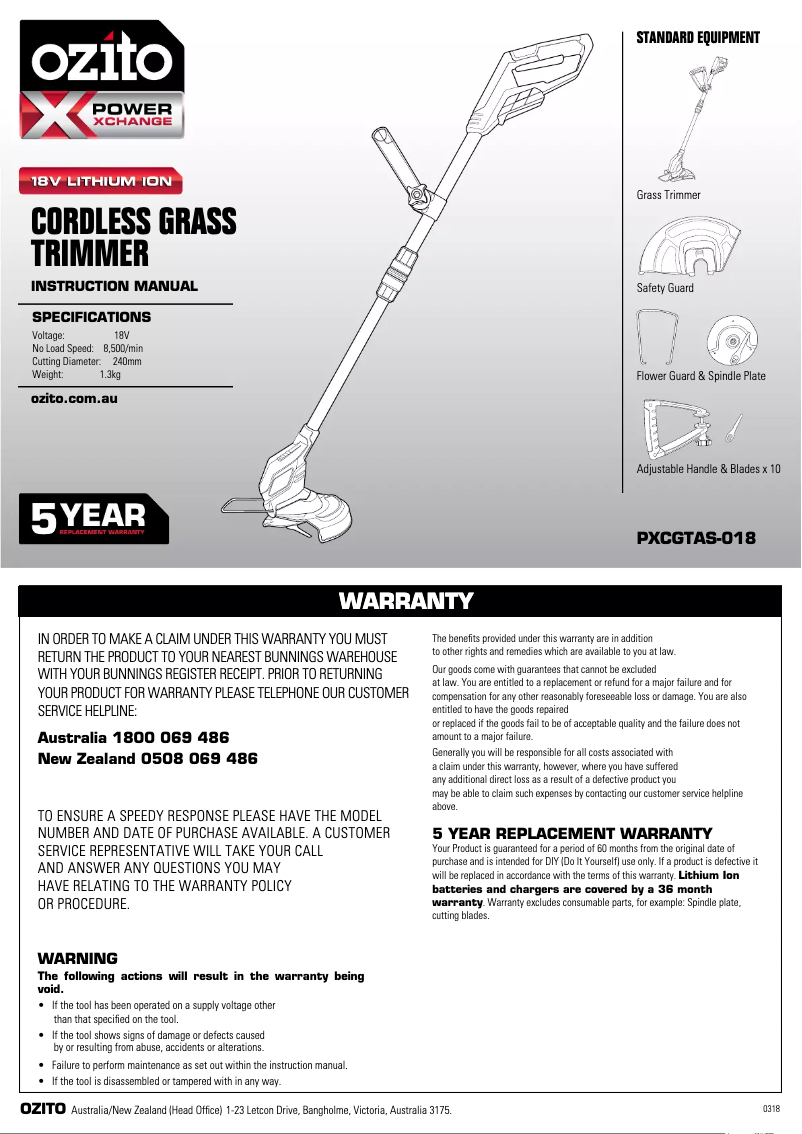 Page 1 de la notice Manuel utilisateur Ozito PXGTHTK-258
