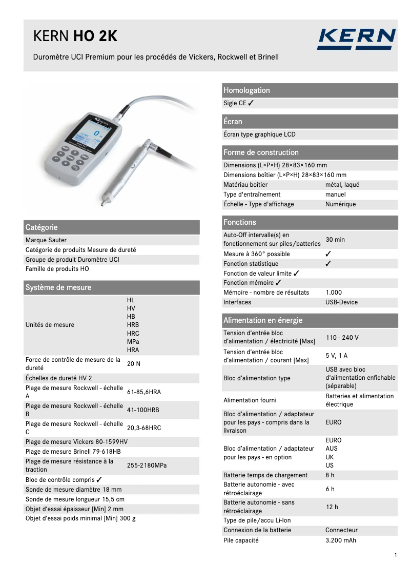Page 1 de la notice Fiche technique Kern HO 2K