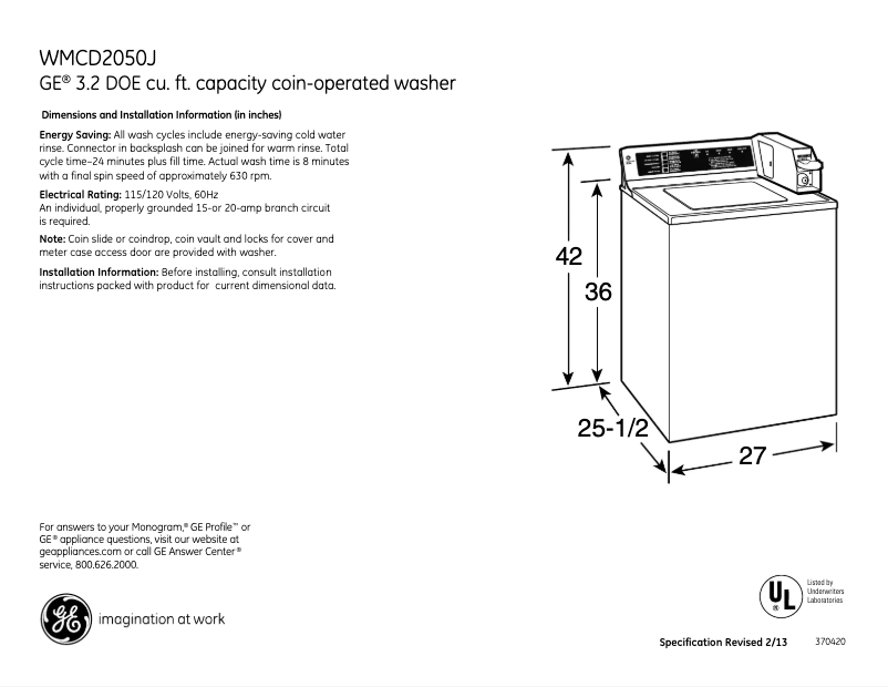 Página 1 del manual Ficha técnica GE WMCD2050JWC