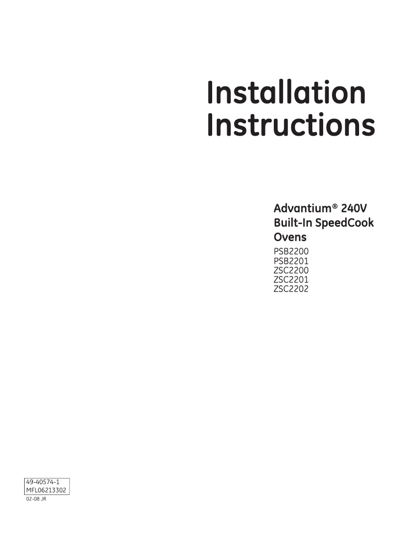Page n°1 - Guide d'installation GE PSB2201NSS