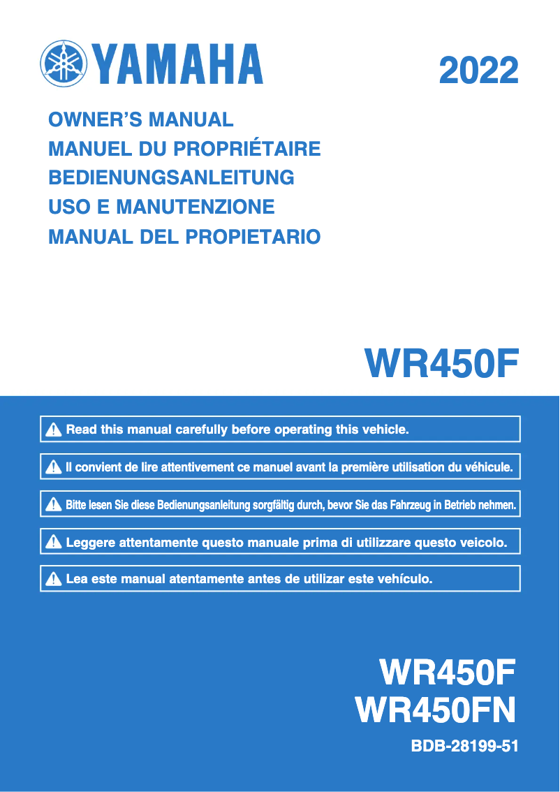 Page 1 de la notice Manuel utilisateur Yamaha WR450F (2022)